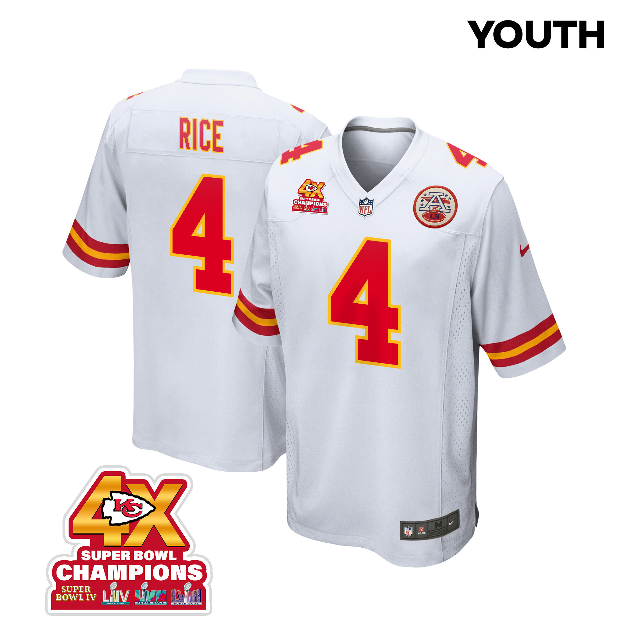 Rashee Rice 4 Kansas City Chiefs Super Bowl LVIII Champions 4X Game White NFL Jersey Youth