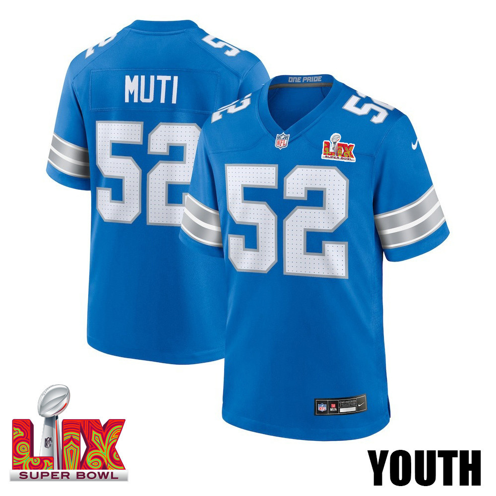 Netane Muti #52 Detroit Lions Super Bowl LIX Blue NFL Jersey Youth
