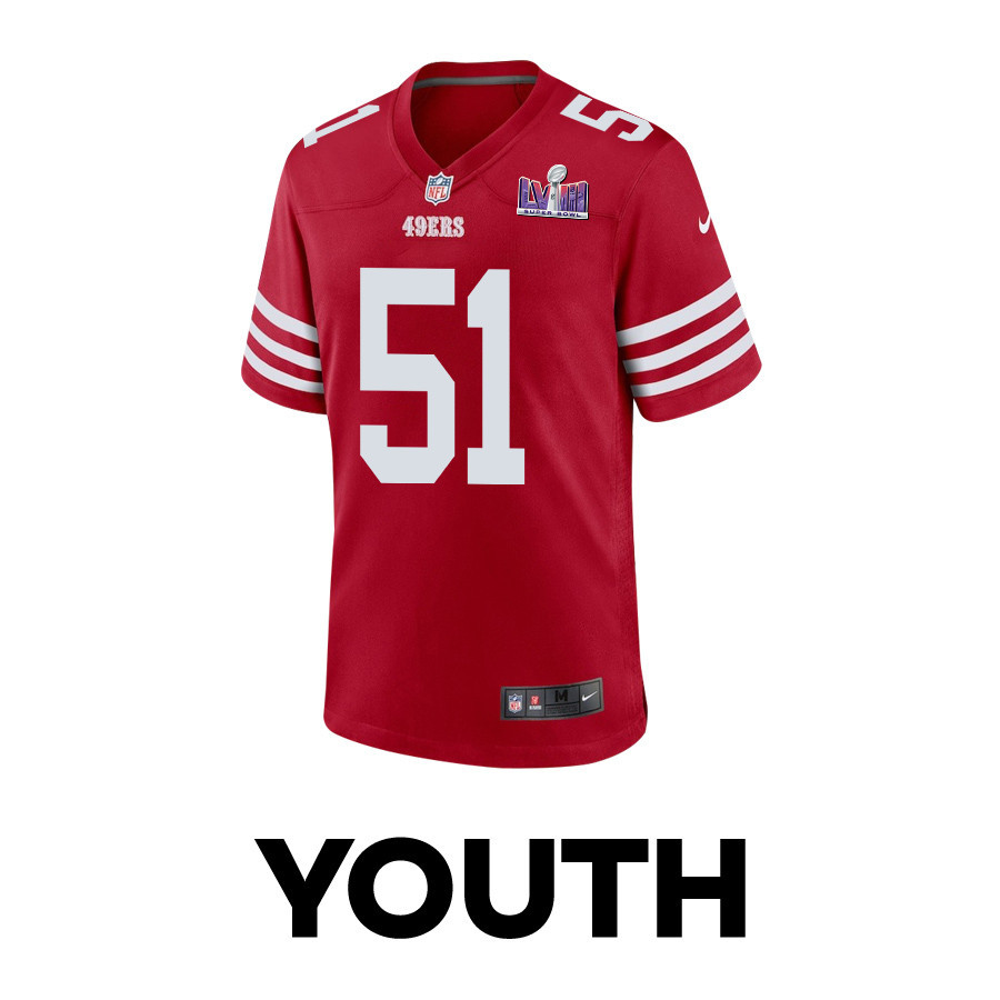 Robert Beal Jr. 51 San Francisco 49ers Super Bowl LVIII Patch Game Scarlet NFL Jersey Youth