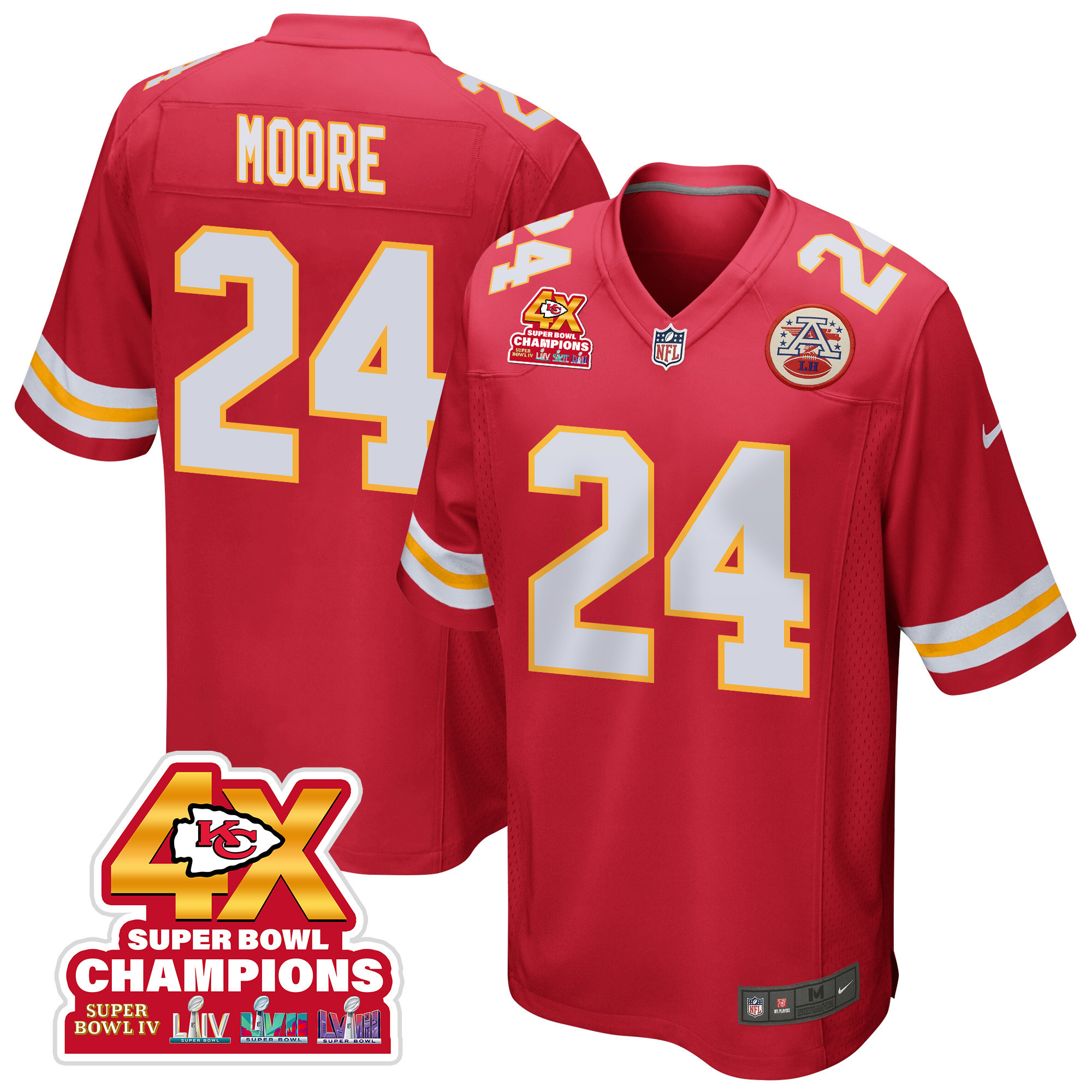 Skyy Moore 24 Kansas City Chiefs Super Bowl LVIII Champions 4X Game Red NFL Jersey Men's