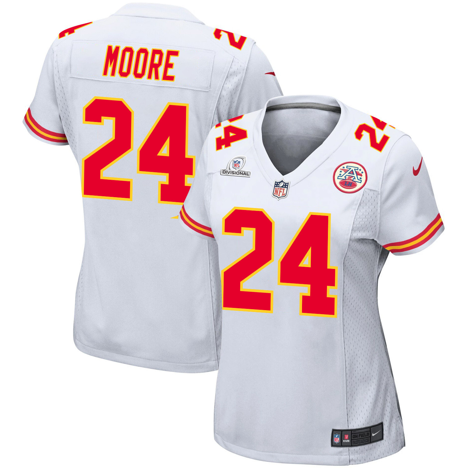 Skyy Moore 24 Kansas City Chiefs Super Bowl LVIII Patch Game White NFL Jersey Women's