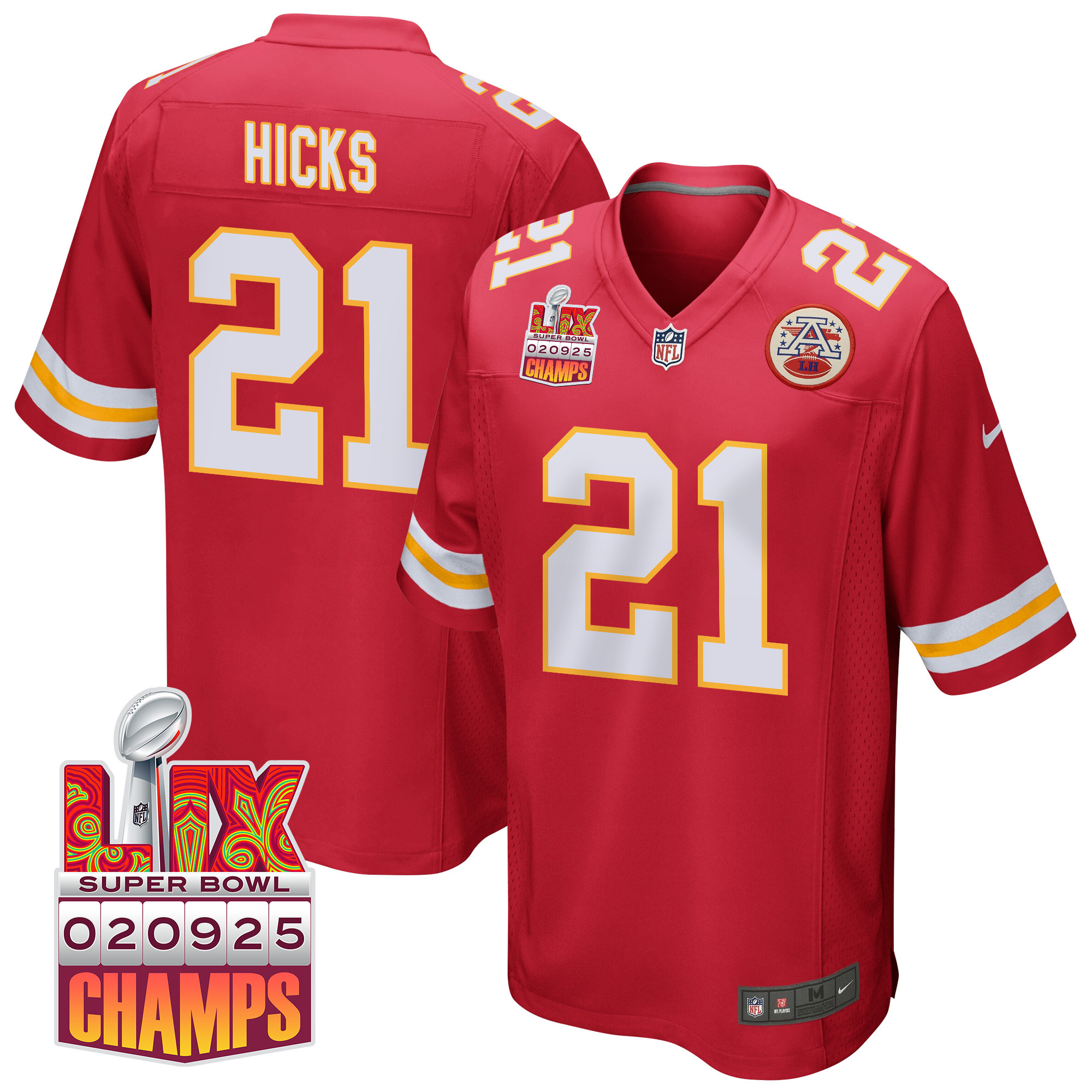 Jaden Hicks 21 Kansas City Chiefs Super Bowl LIX Champions Patch Game Red NFL Jersey Men's