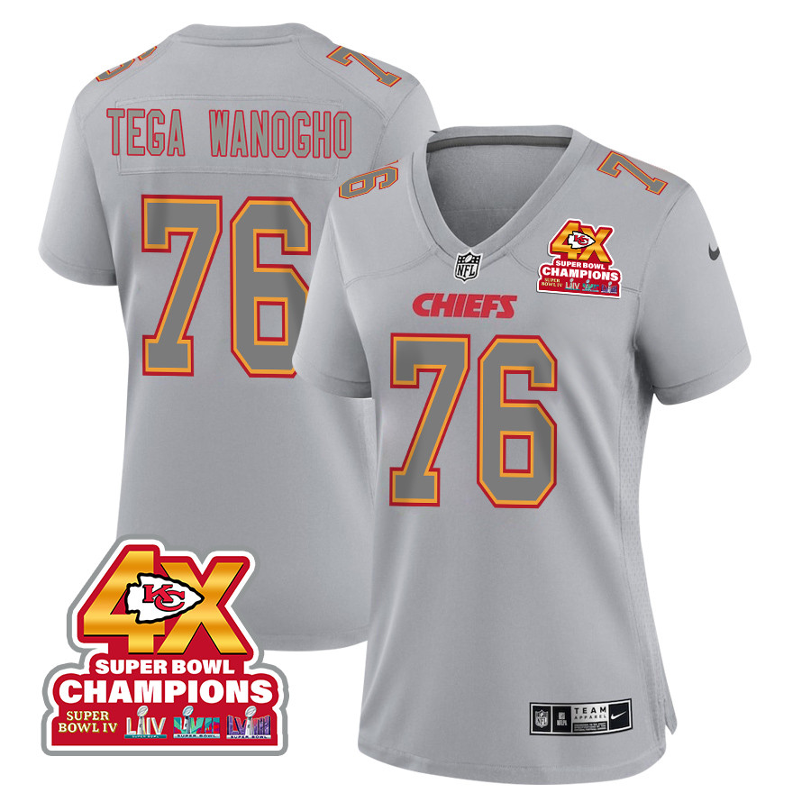 Prince Tega Wanogho 76 Kansas City Chiefs Super Bowl LVIII Champions 4X Atmosphere Fashion Game Gray NFL Jersey Women's