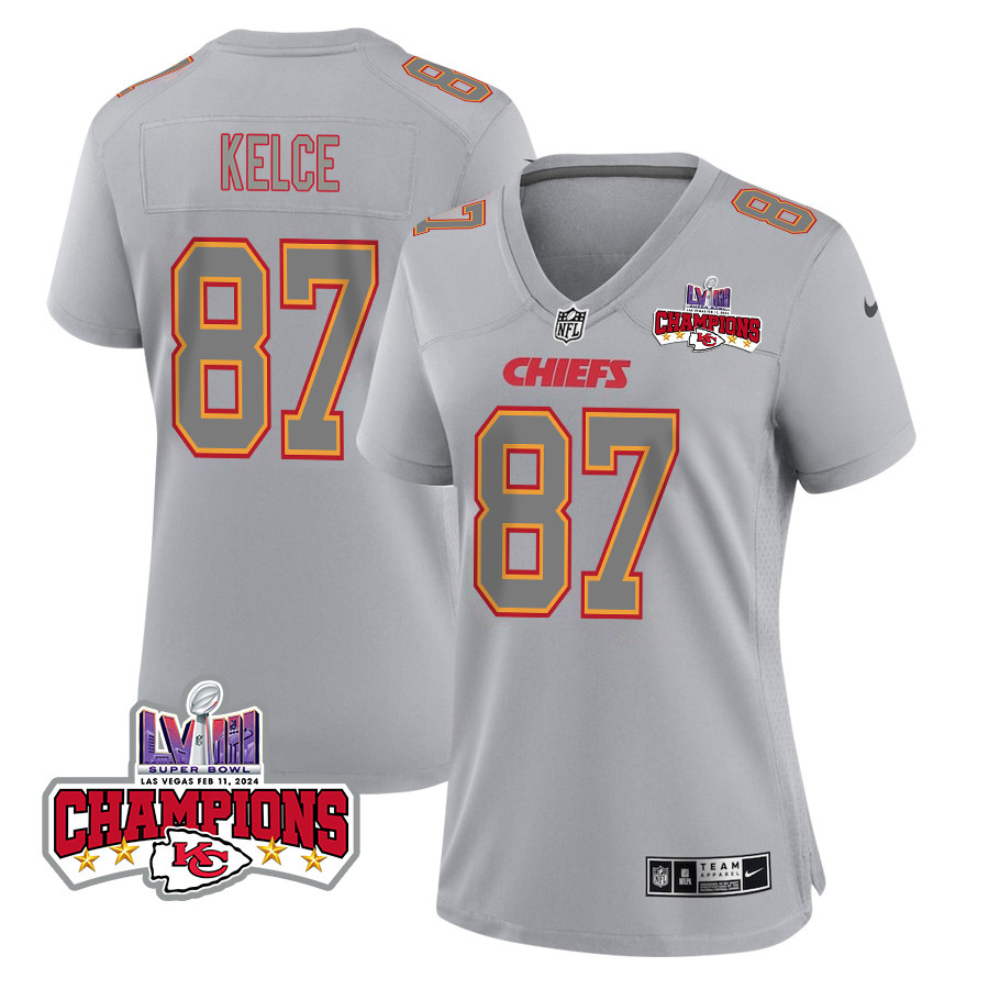 Travis Kelce 87 Kansas City Chiefs Super Bowl LVIII Champions 4 Stars Patch Atmosphere Fashion Game Gray NFL Jersey Women's