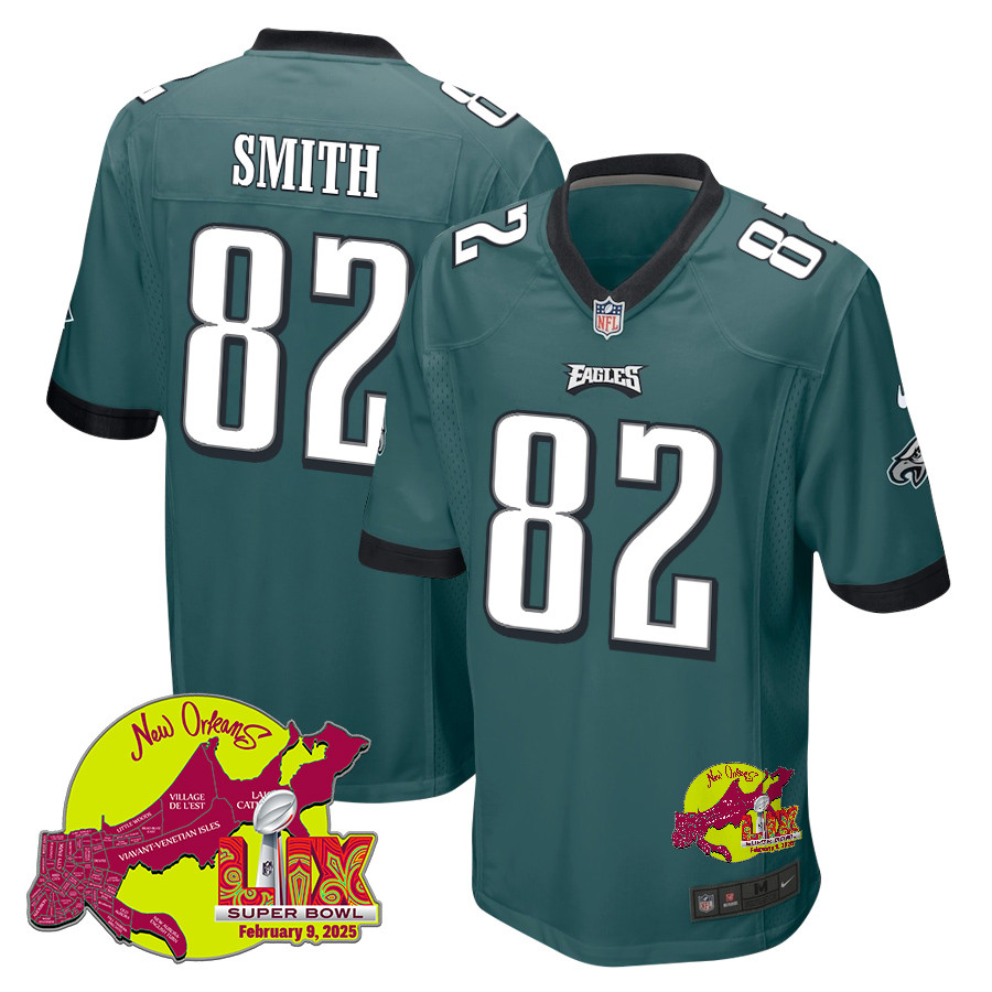 Ainias Smith 82 Philadelphia Eagles Super Bowl LIX New Orleans Patch Game Midnight Green NFL Jersey Men's