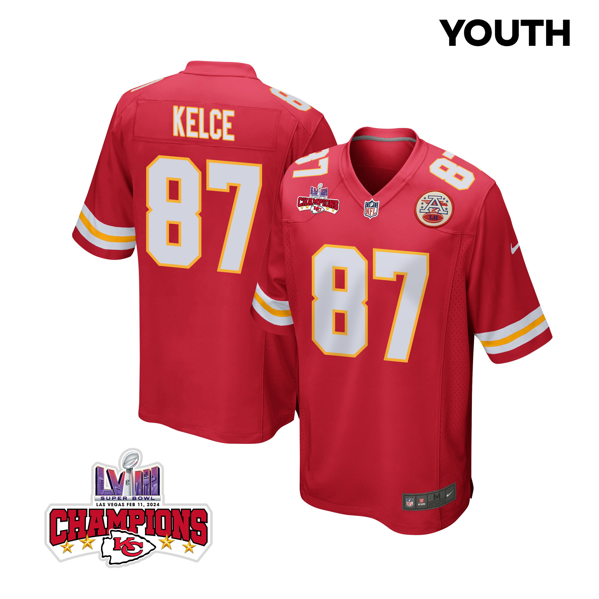 Travis Kelce 87 Kansas City Chiefs Super Bowl LVIII Champions 4 Stars Patch Game Red NFL Jersey Youth