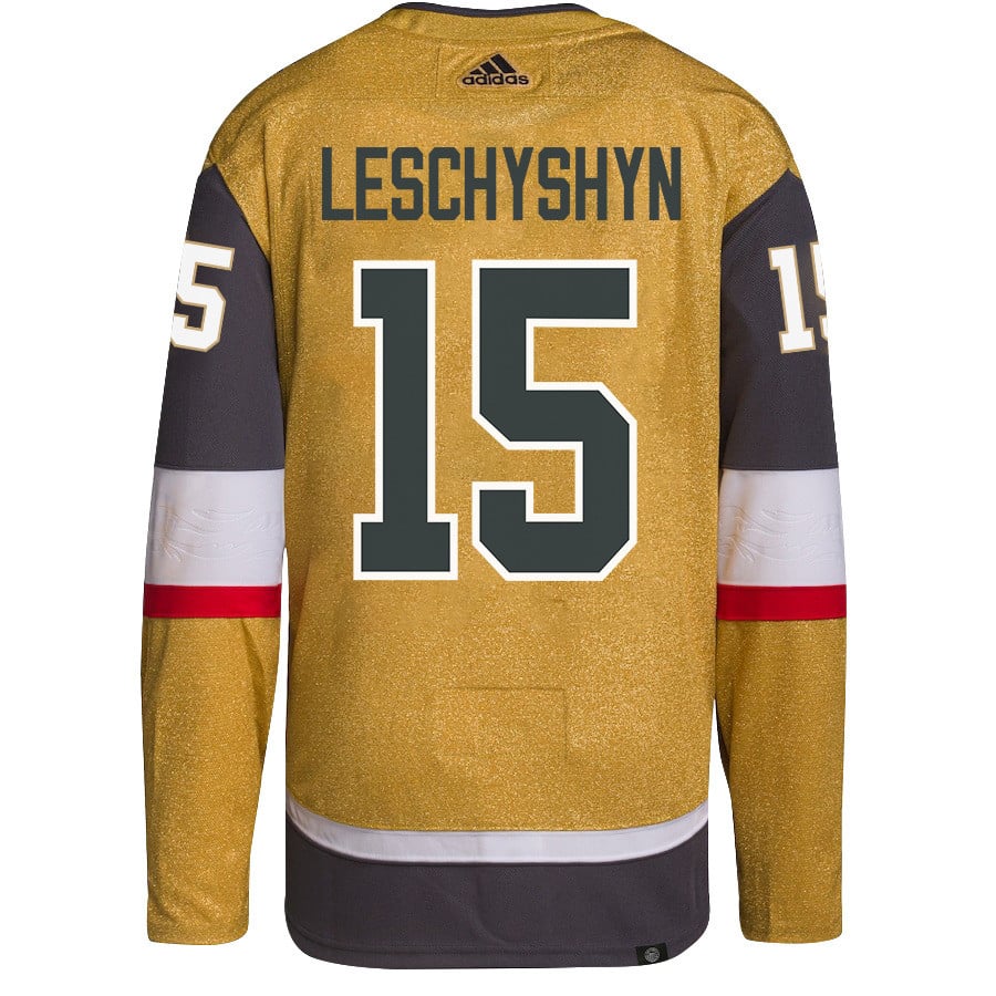 Jake Leschyshyn 15 Vegas Golden Knights Stanley Cup 2023 Champions Patch Home Breakaway Gold NHL Jersey Men's