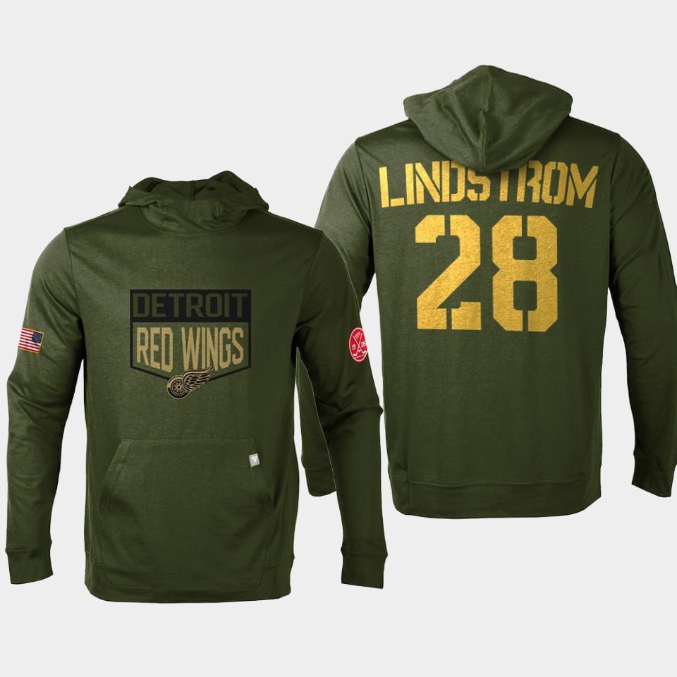 Gustav Lindstrom 28 Detroit Red Wings 2022 Salute to Service Pullover Hoodie Olive NHL Jersey Men's
