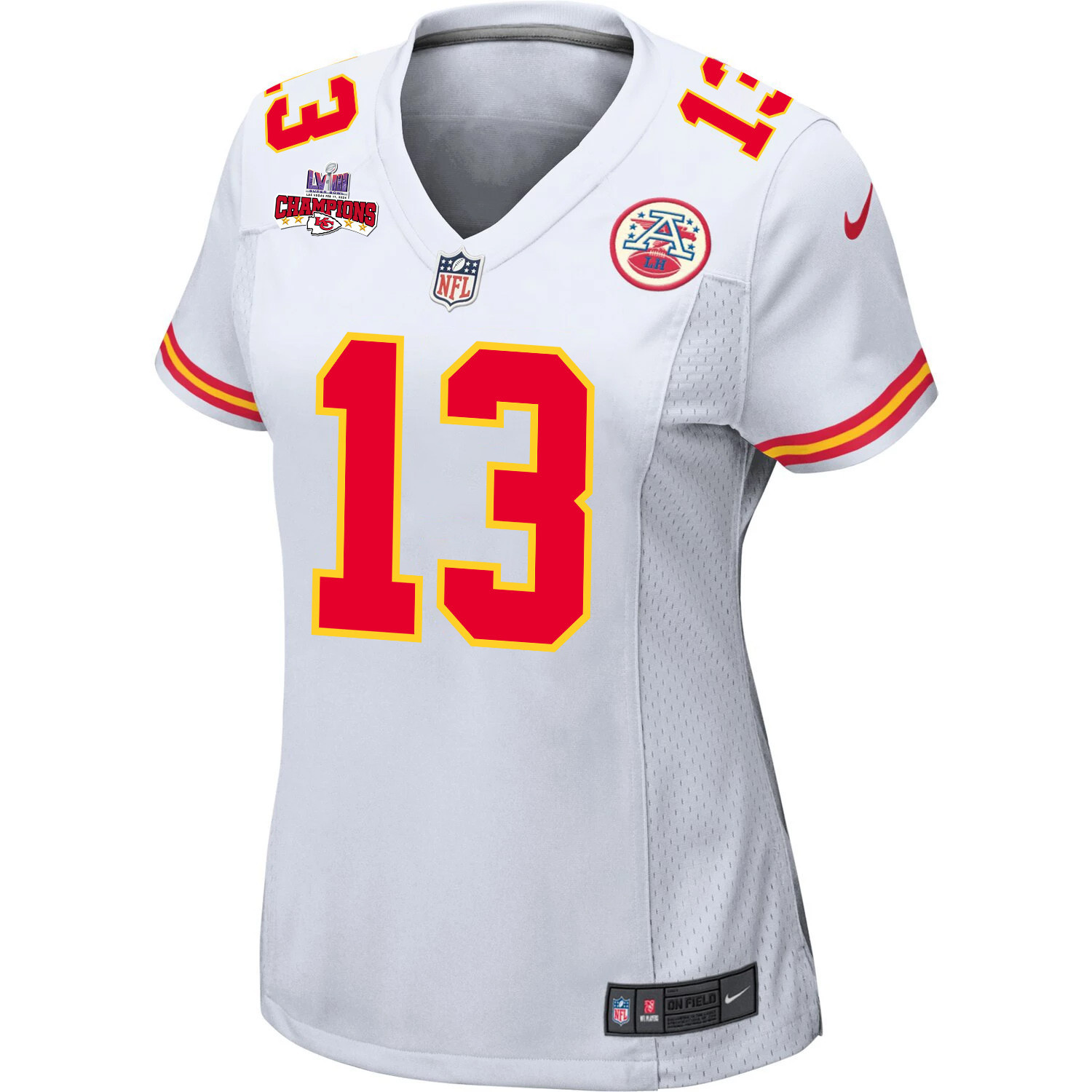 Chris Oladokun 13 Kansas City Chiefs Super Bowl LVIII Champions 4 Stars Patch Game White NFL Jersey Women's