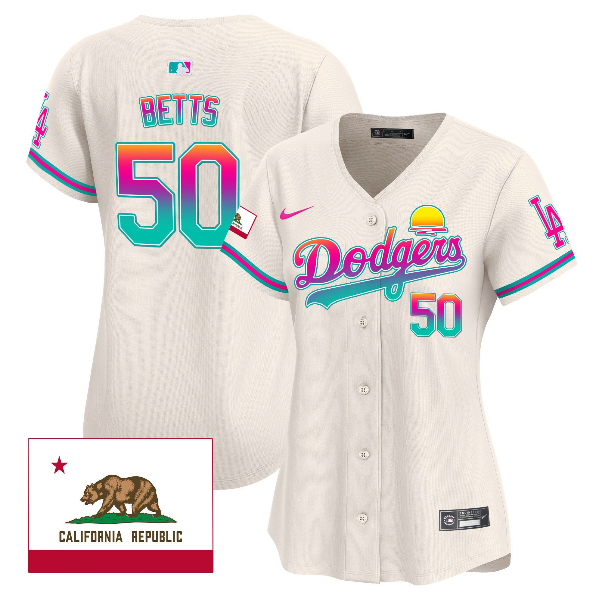 Mookie Betts 50 Los Angeles Dodgers 2024 Los Angeles City Style California Republic Patch Cream MLB Jersey Women's