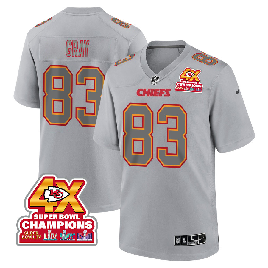 Noah Gray 83 Kansas City Chiefs Super Bowl LVIII Champions 4X Atmosphere Fashion Game Gray NFL Jersey Men's