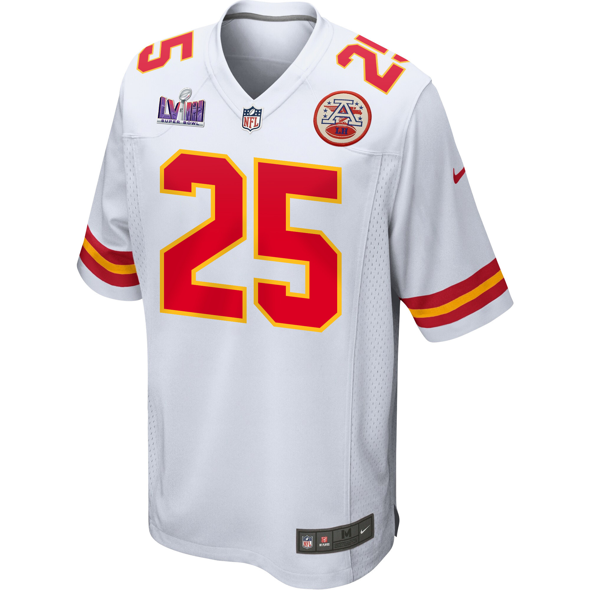 Clyde Edwards-Helaire 25 Kansas City Chiefs Super Bowl LVIII Patch Game White NFL Jersey Men's