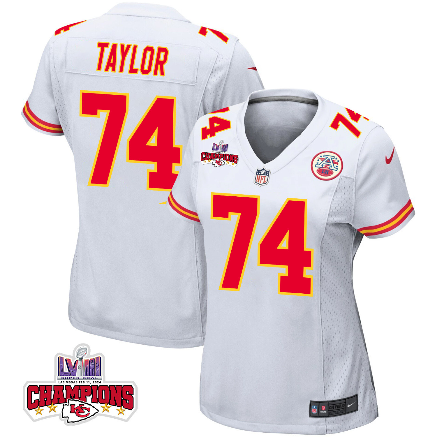 Jawaan Taylor 74 Kansas City Chiefs Super Bowl LVIII Champions 4 Stars Patch Game White NFL Jersey Women's
