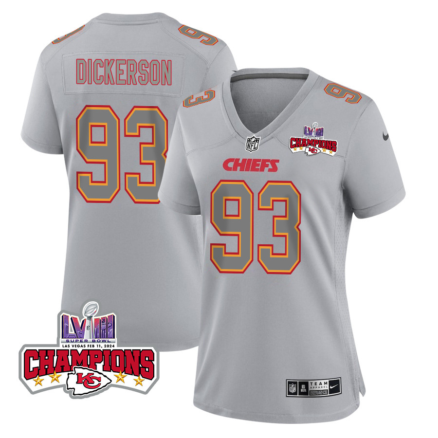 Matt Dickerson 93 Kansas City Chiefs Super Bowl LVIII Champions 4 Stars Patch Atmosphere Fashion Game Gray NFL Jersey Women's