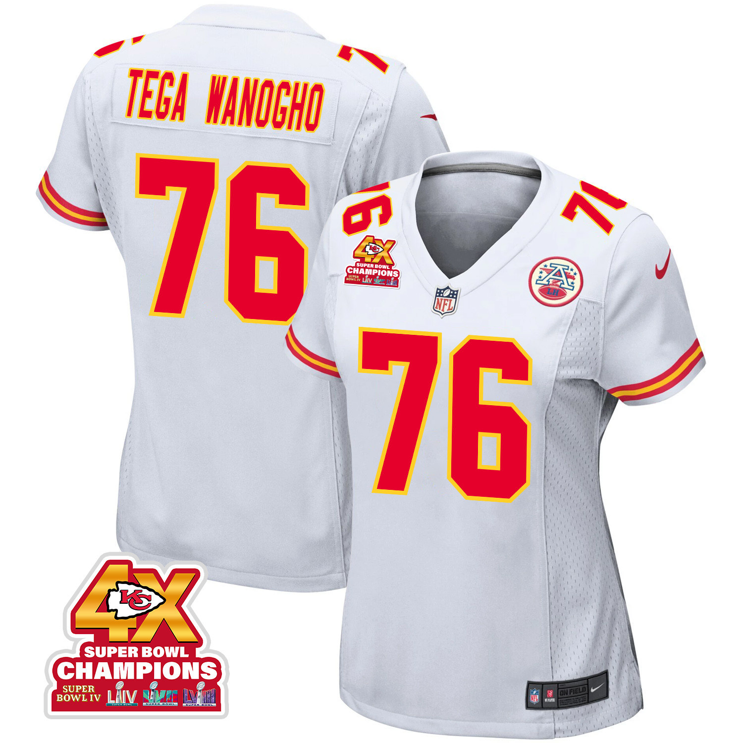 Prince Tega Wanogho 76 Kansas City Chiefs Super Bowl LVIII Champions 4X Game White NFL Jersey Women's