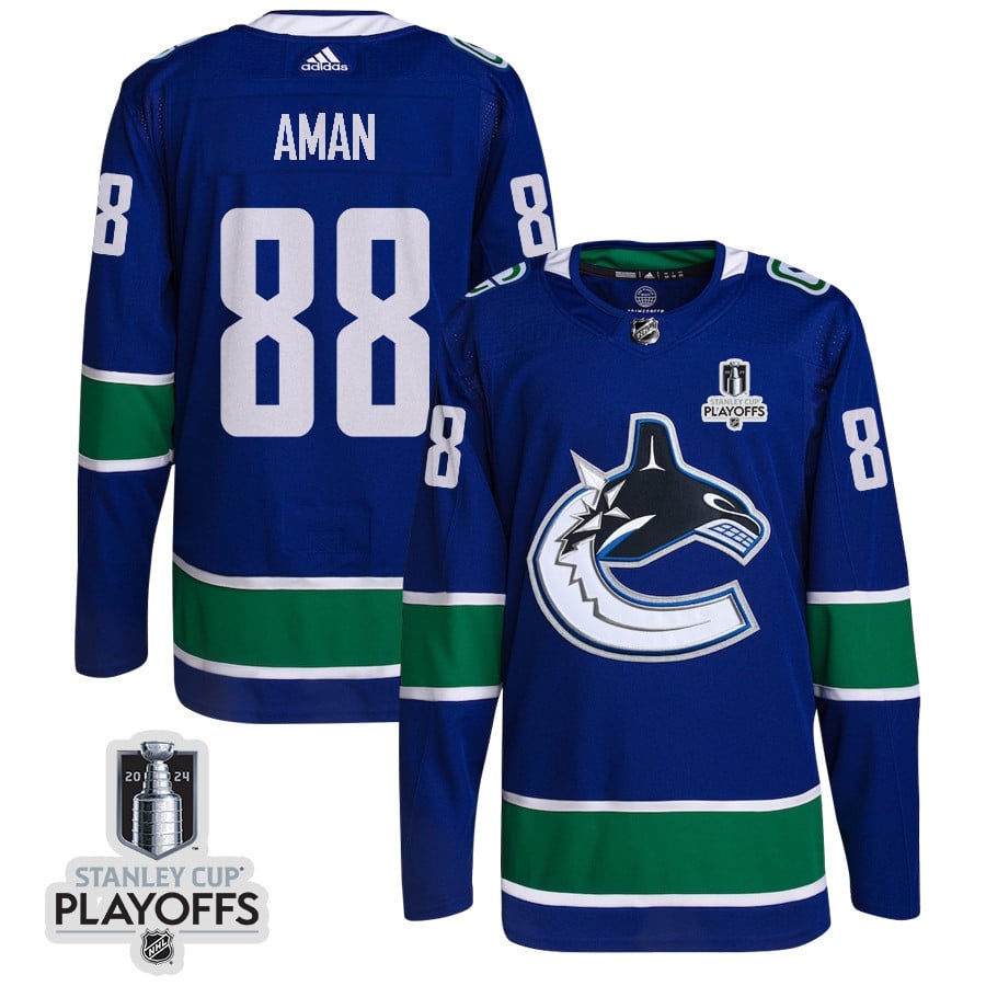 Nils Aman 88 Vancouver Canucks 2024 Playoffs Patch Home Blue NHL Jersey Men's