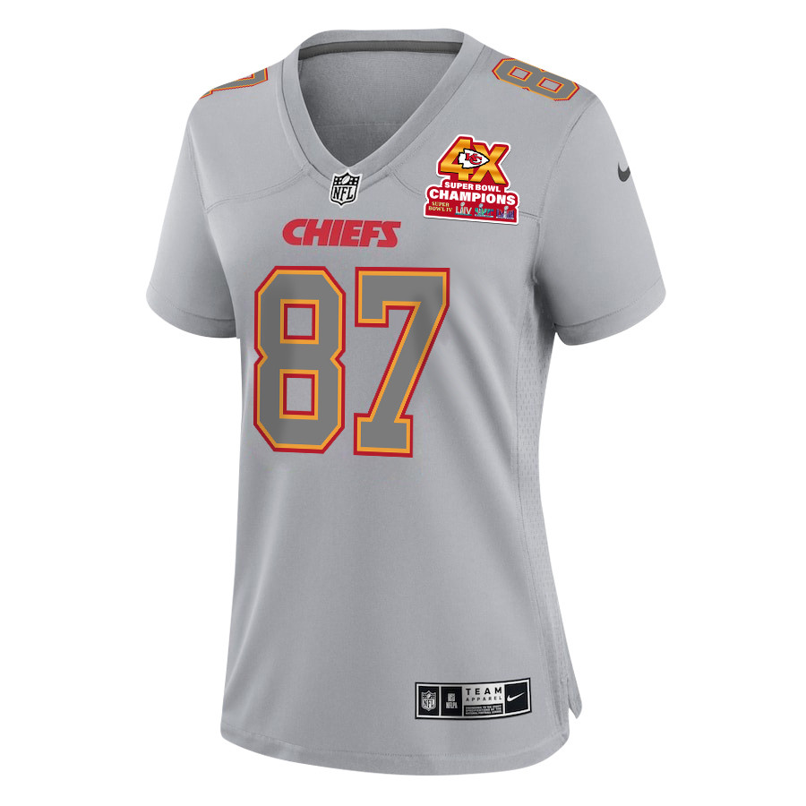Travis Kelce 87 Kansas City Chiefs Super Bowl LVIII Champions 4X Atmosphere Fashion Game Gray NFL Jersey Women's