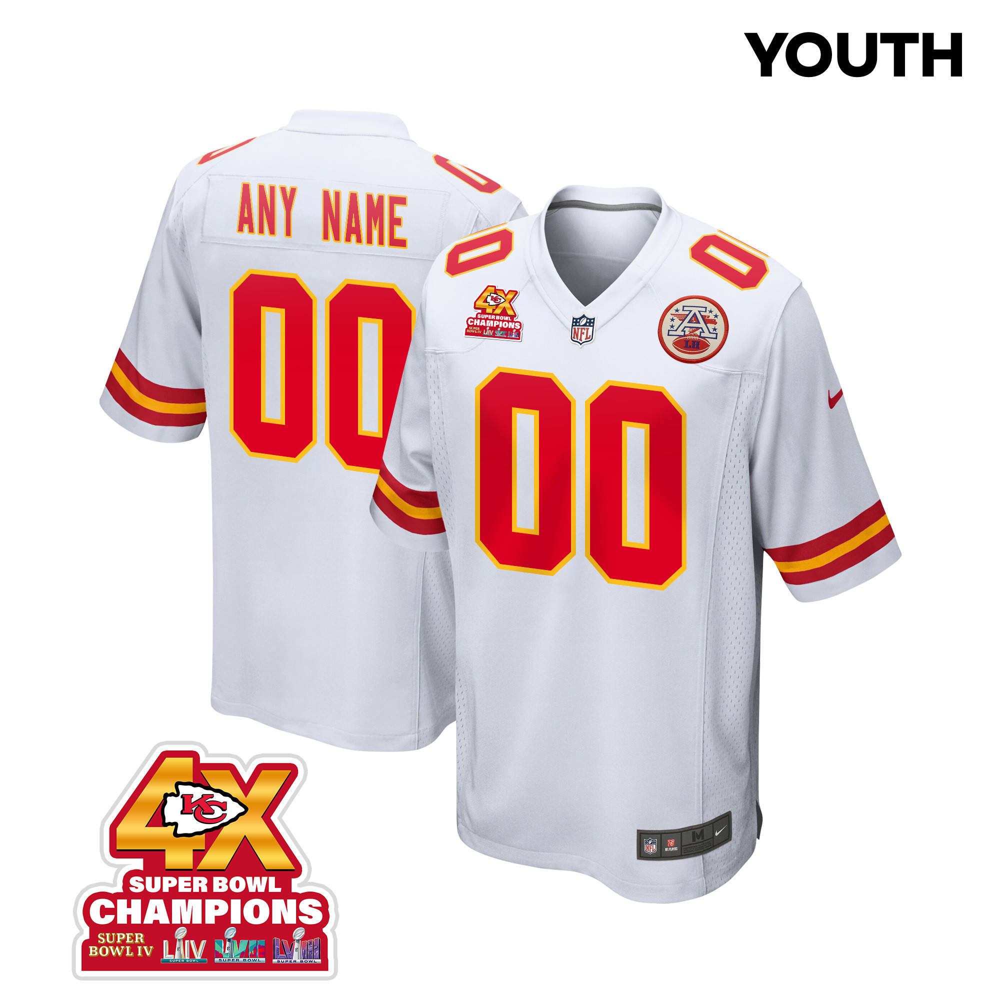 Kansas City Chiefs Super Bowl LVIII Champions 4X Game Custom White NFL Jersey Youth