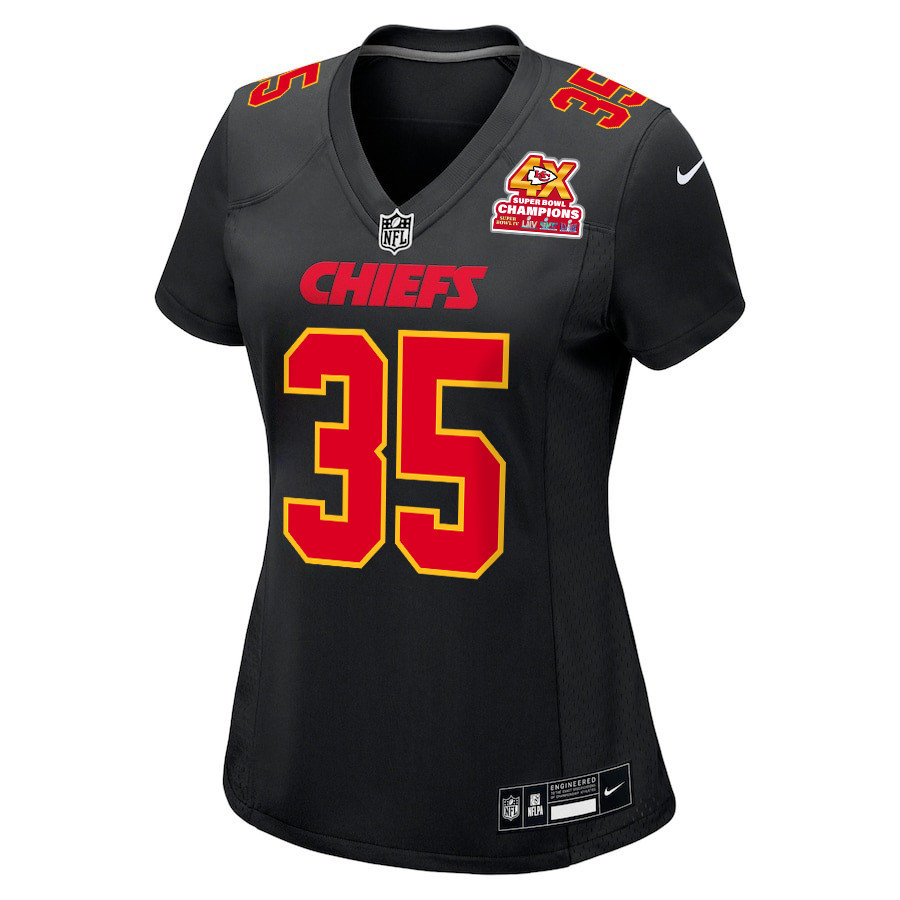 Jaylen Watson 35 Kansas City Chiefs Super Bowl LVIII Champions 4X Fashion Game Carbon Black NFL Jersey Women's