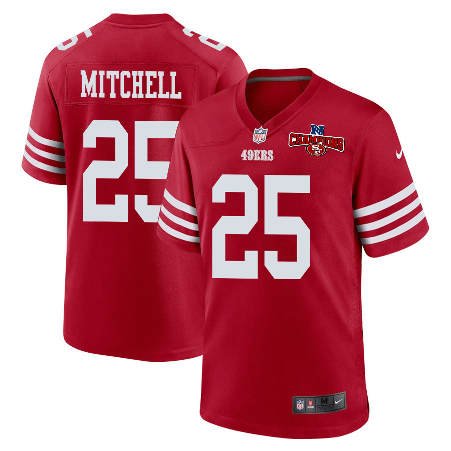 Elijah Mitchell 25 San Francisco 49ers NFC Champions Patch Game Scarlet NFL Jersey Men's