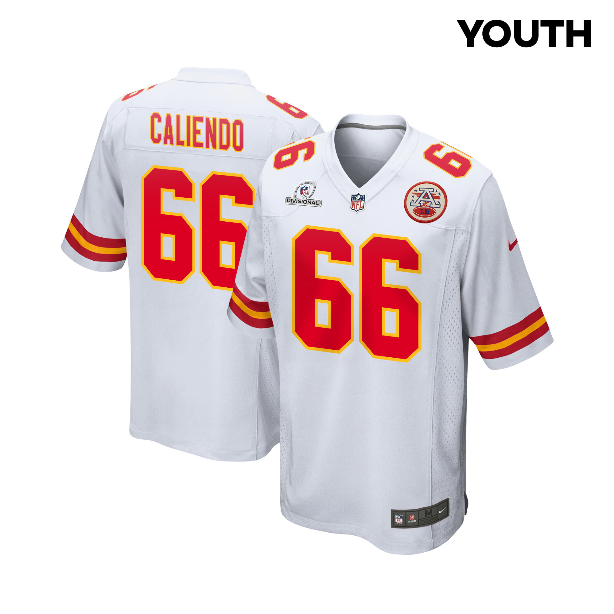 Mike Caliendo 66 Kansas City Chiefs Super Bowl LVIII Patch Game White NFL Jersey Youth