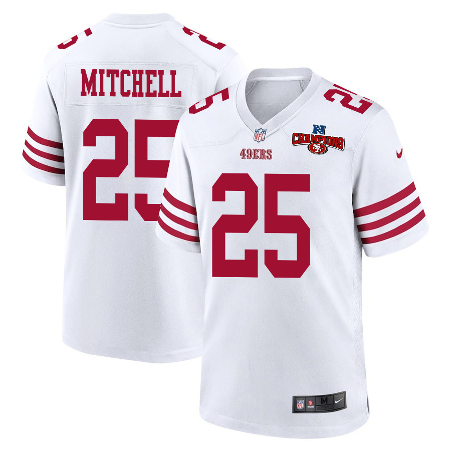 Elijah Mitchell 25 San Francisco 49ers NFC Champions Patch Game White NFL Jersey Men's