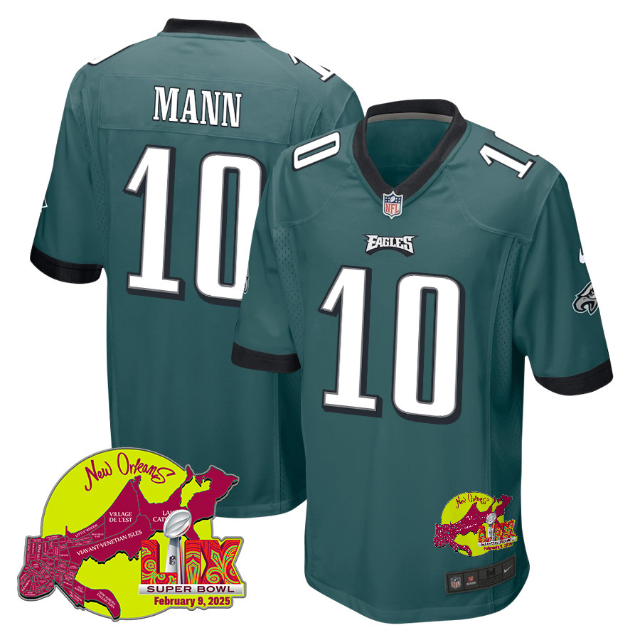 Braden Mann 10 Philadelphia Eagles Super Bowl LIX New Orleans Patch Game Midnight Green NFL Jersey Men's