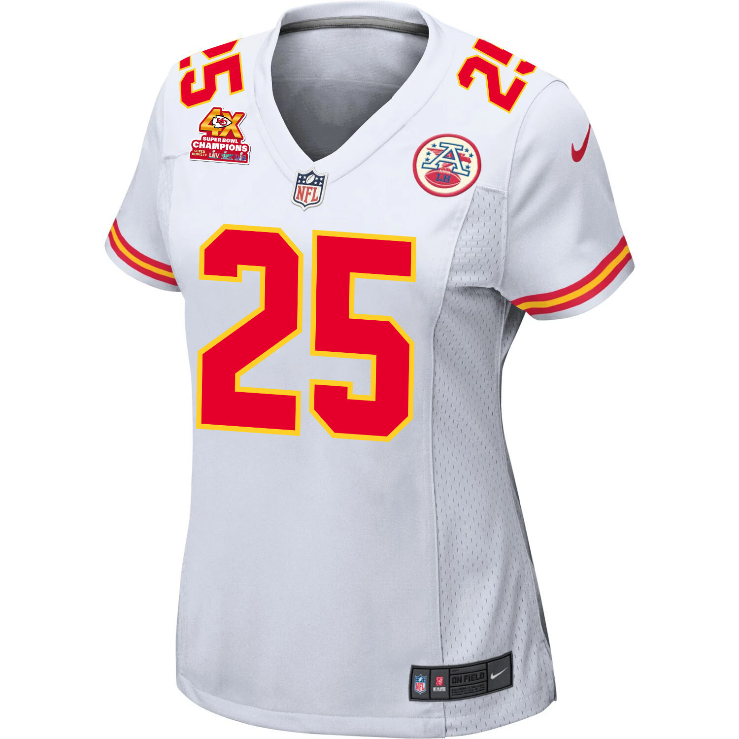 Clyde Edwards-Helaire 25 Kansas City Chiefs Super Bowl LVIII Champions 4X Game White NFL Jersey Women's
