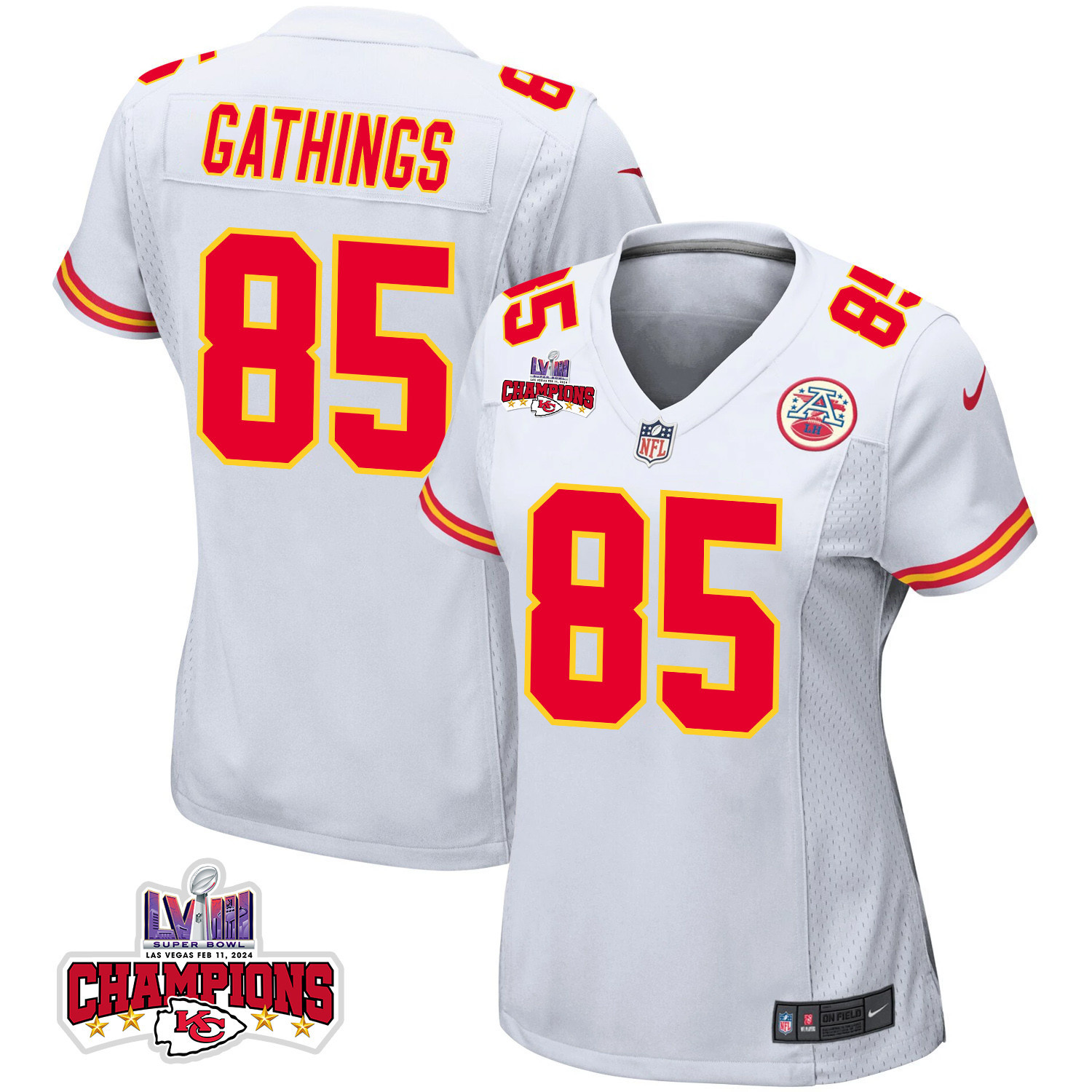 Izaiah Gathings 85 Kansas City Chiefs Super Bowl LVIII Champions 4 Stars Patch Game White NFL Jersey Women's
