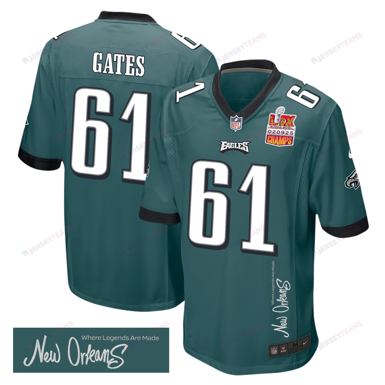 Nick Gates 61 Philadelphia Eagles Super Bowl LIX Champions Patch New Orleans Where Legends Are Made' EMBROIDERED Game Midnight Green NFL Jersey Men's