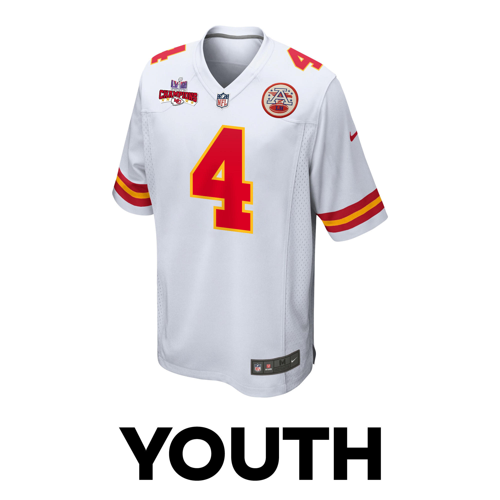 Rashee Rice 4 Kansas City Chiefs Super Bowl LVIII Champions 4 Stars Patch Game White NFL Jersey Youth