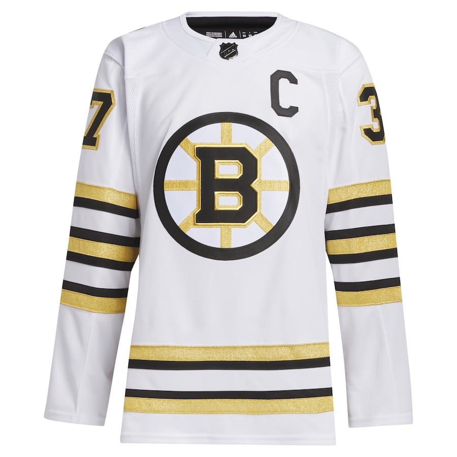 Patrice Bergeron 37 Boston Bruins 100th Anniversary Primegreen Away White NHL Jersey Men's