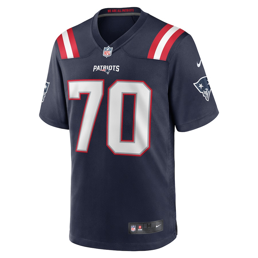 Caedan Wallace 70 New England Patriots Team Game Navy NFL Jersey Men's