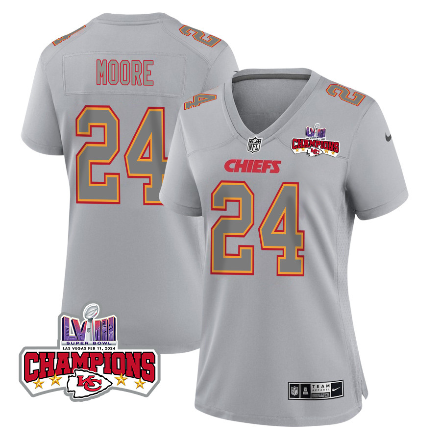 Skyy Moore 24 Kansas City Chiefs Super Bowl LVIII Champions 4 Stars Patch Atmosphere Fashion Game Gray NFL Jersey Women's