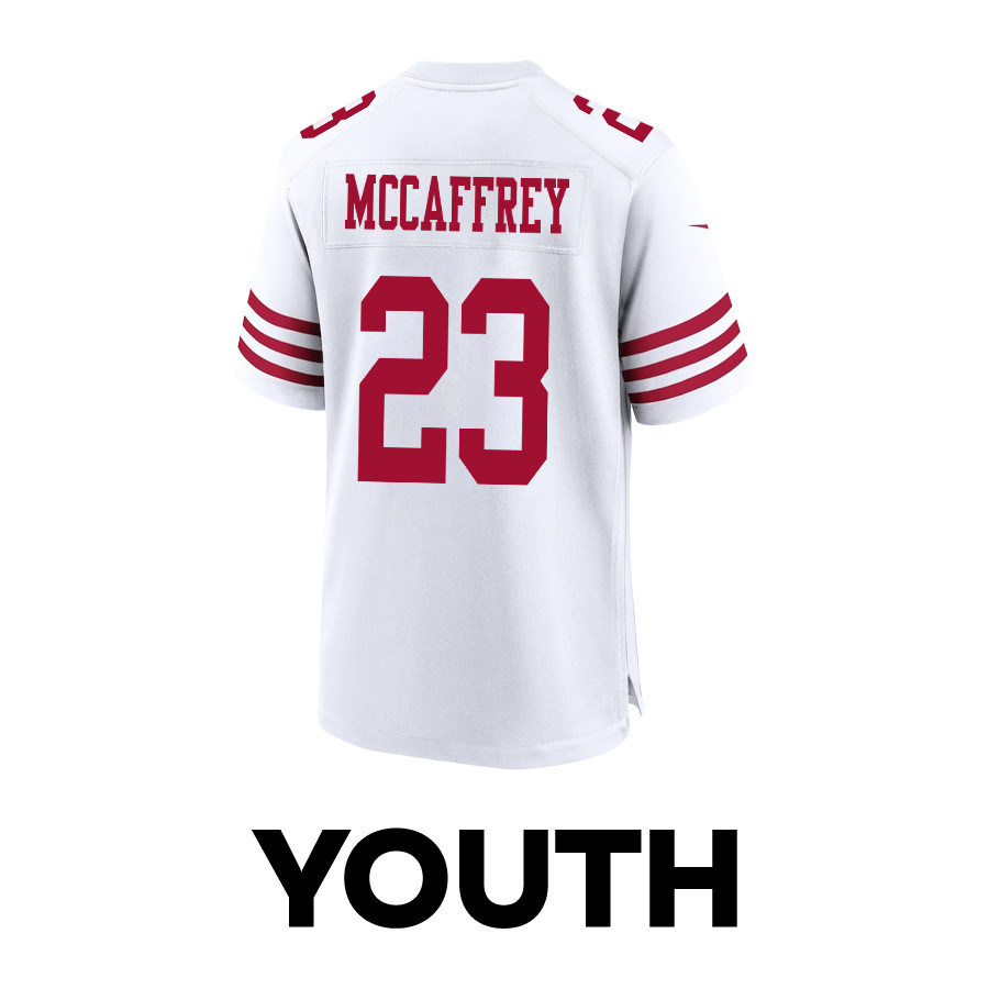 Christian McCaffrey 23 San Francisco 49ers Throwing Ball Game White NFL Jersey Youth