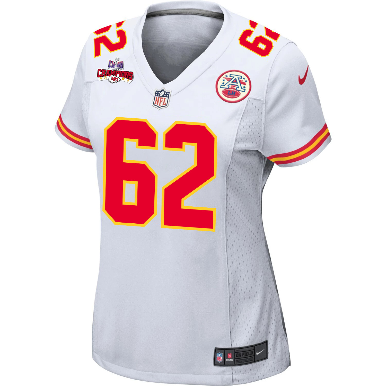 Joe Thuney 62 Kansas City Chiefs Super Bowl LVIII Champions 4 Stars Patch Game White NFL Jersey Women's