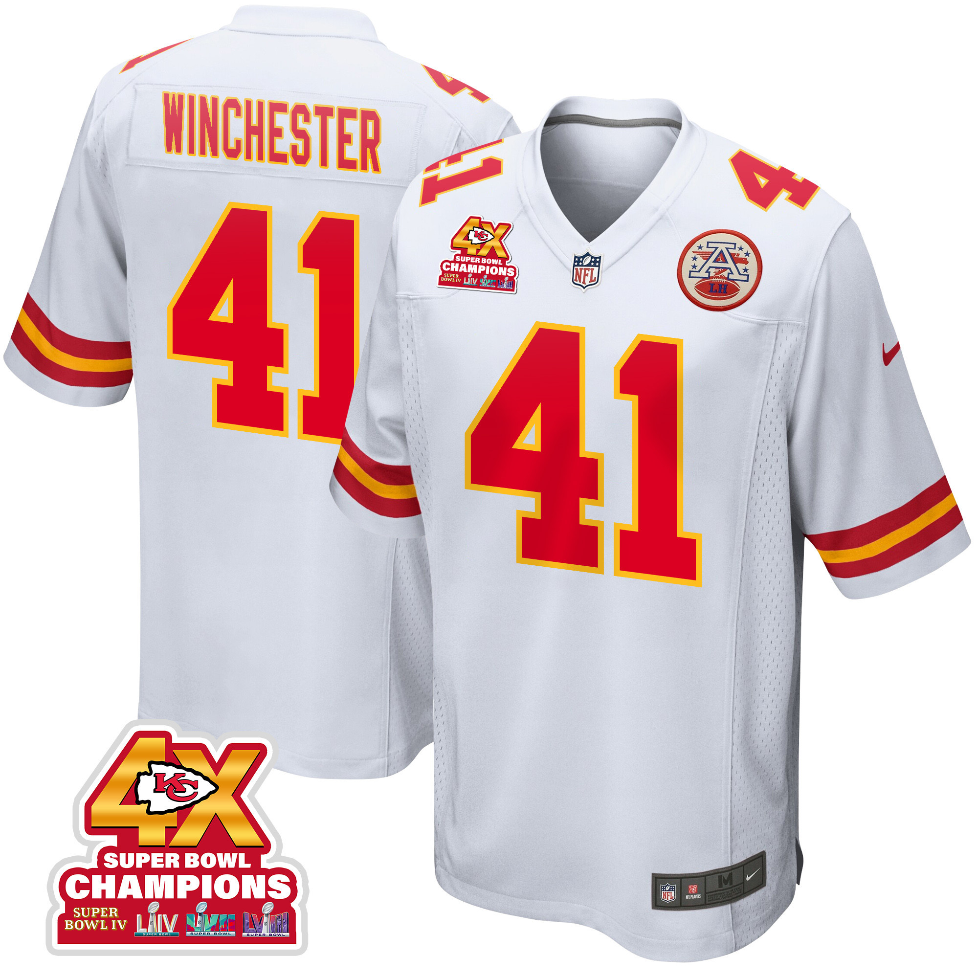 James Winchester 41 Kansas City Chiefs Super Bowl LVIII Champions 4X Game White NFL Jersey Men's