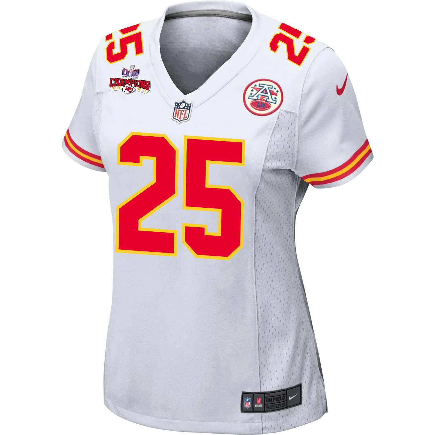 Clyde Edwards-Helaire 25 Kansas City Chiefs Super Bowl LVIII Champions 4 Stars Patch Game White NFL Jersey Women's