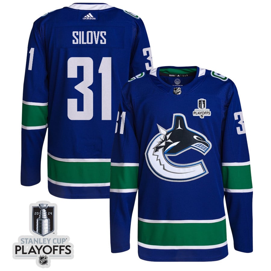 Arturs Silovs 31 Vancouver Canucks 2024 Playoffs Patch Home Blue NHL Jersey Men's