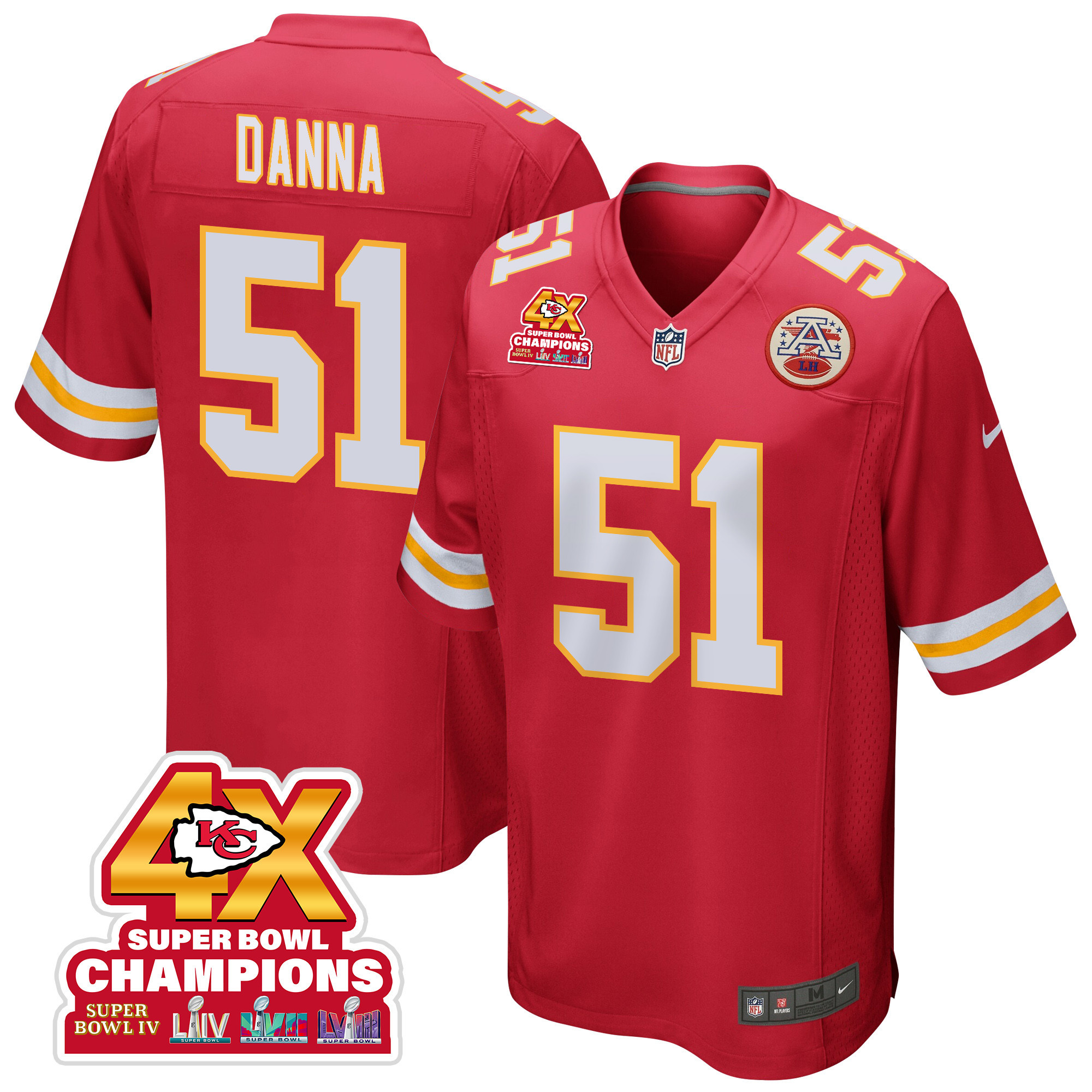 Mike Danna 51 Kansas City Chiefs Super Bowl LVIII Champions 4X Game Red NFL Jersey Men's
