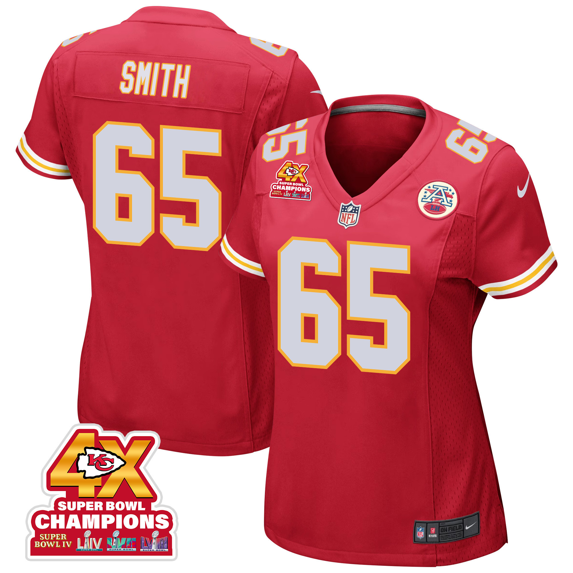 Trey Smith 65 Kansas City Chiefs Super Bowl LVIII Champions 4X Game Red NFL Jersey Women's