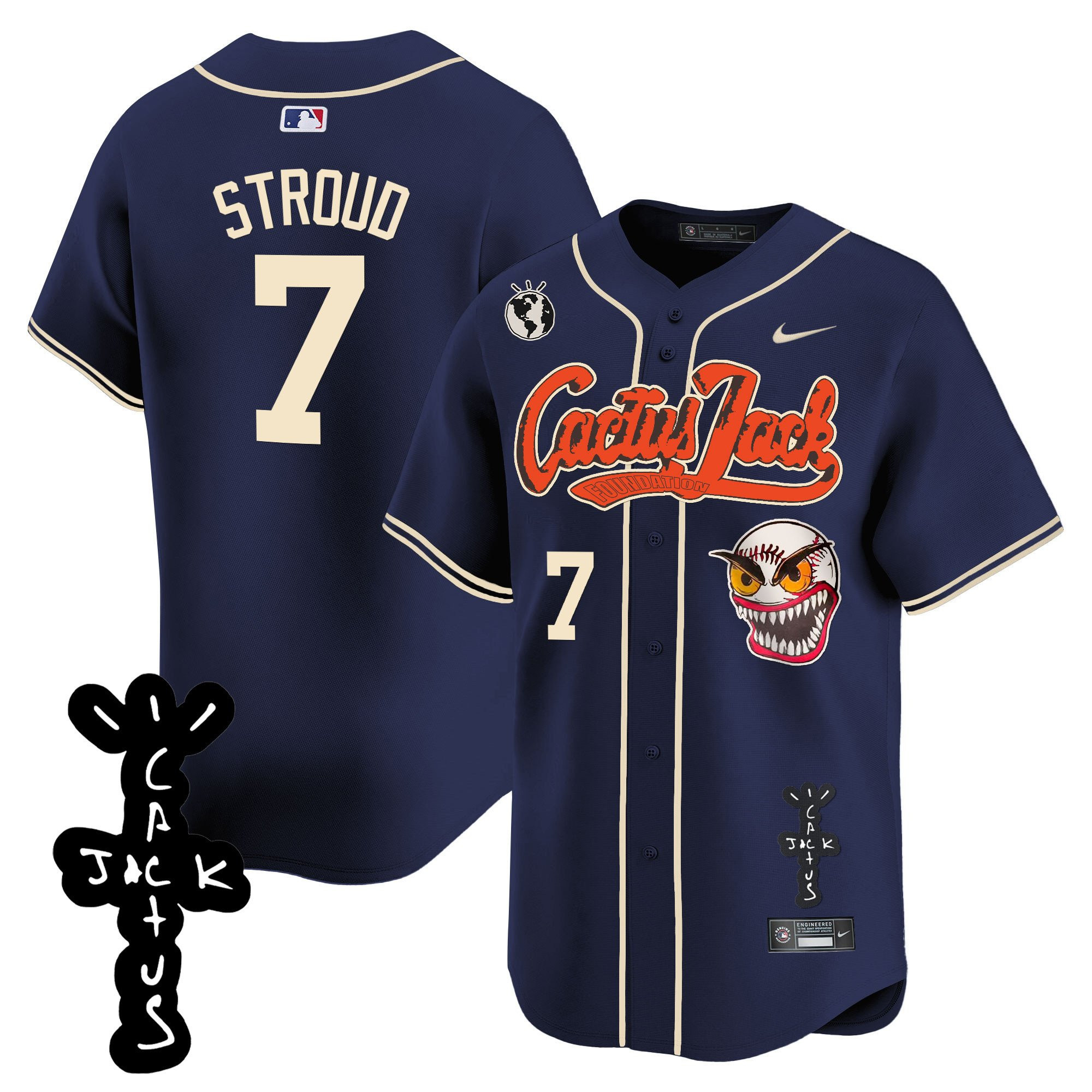 CJ Stroud 7 Houston Astros Cactus Jack Patch V2 Navy MLB Jersey Men's