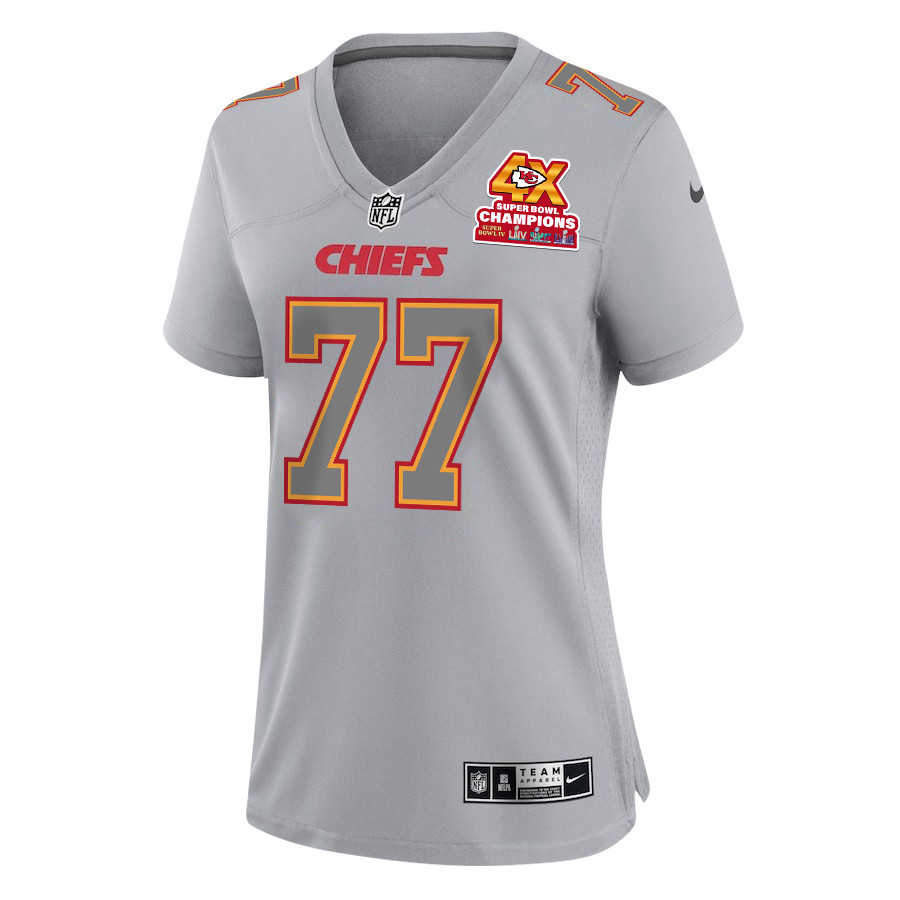 Lucas Niang 77 Kansas City Chiefs Super Bowl LVIII Champions 4X Atmosphere Fashion Game Gray NFL Jersey Women's