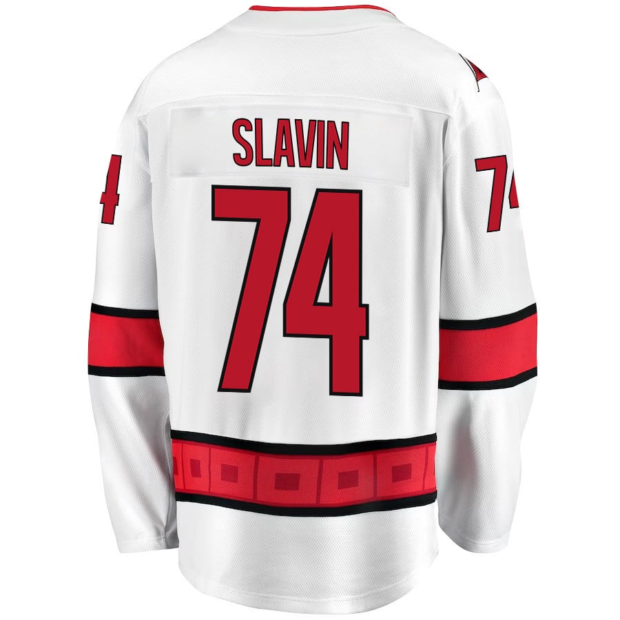 Jaccob Slavin 74 Carolina Hurricanes Stanley Cup 2023 Playoffs Patch Away Breakaway White NHL Jersey Men's