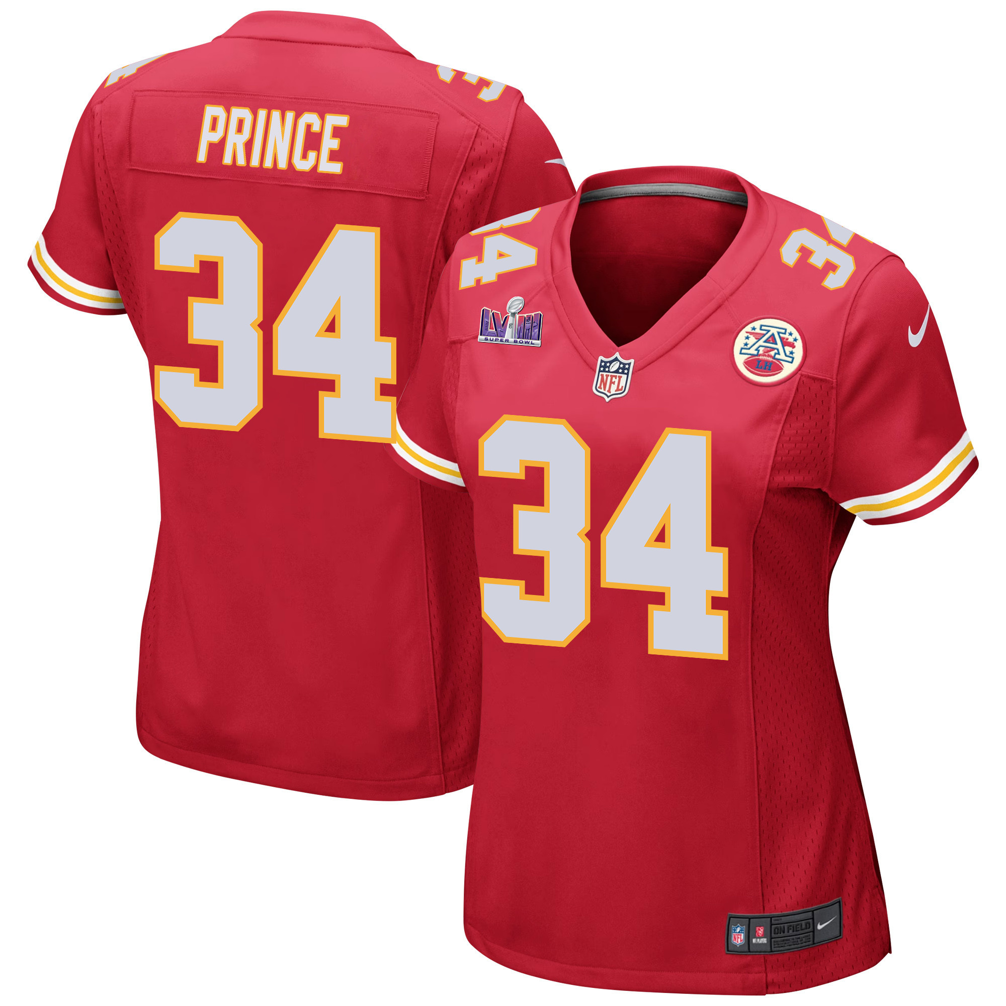 Deneric Prince 34 Kansas City Chiefs Super Bowl LVIII Patch Game Red NFL Jersey Women's