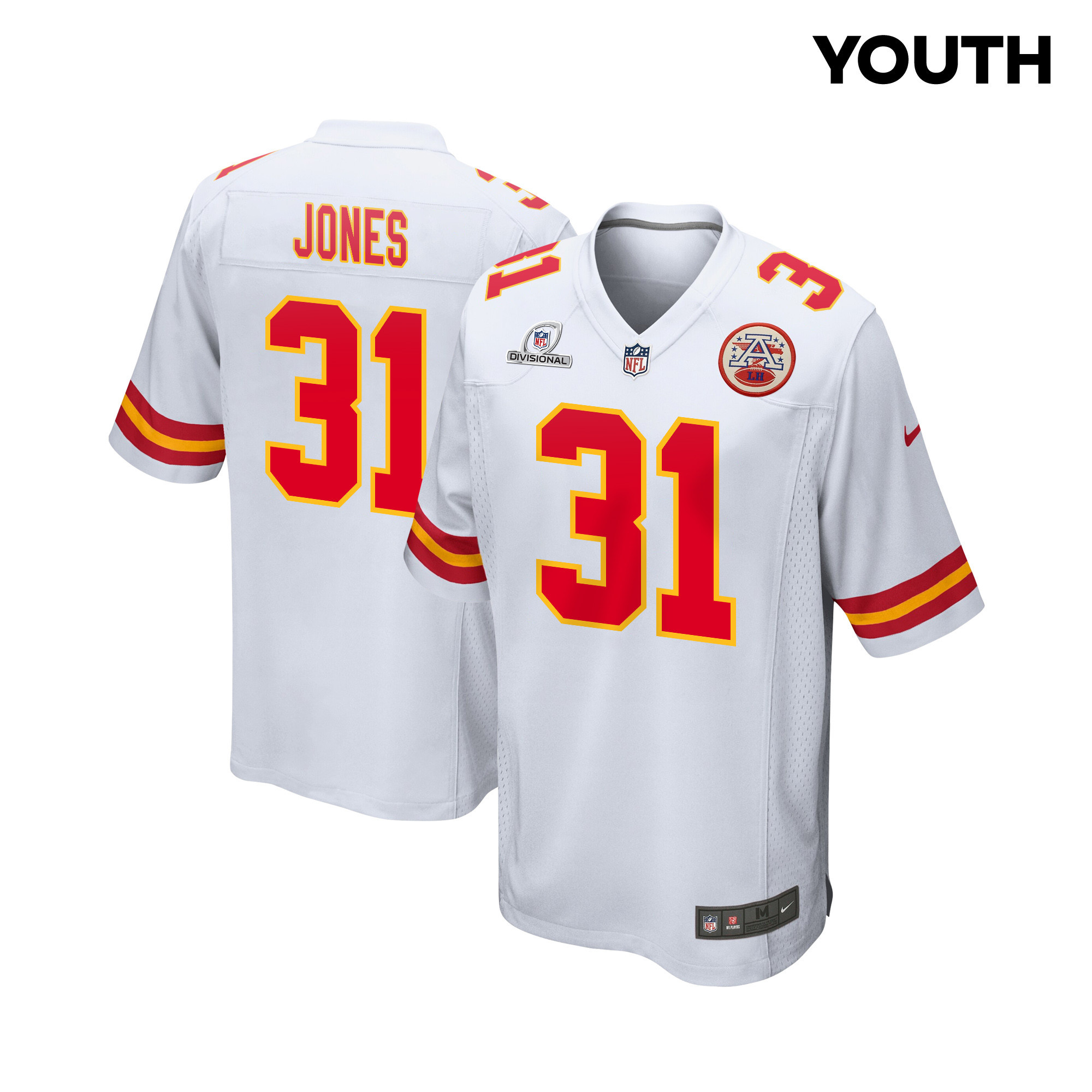 Nic Jones 31 Kansas City Chiefs Super Bowl LVIII Patch Game White NFL Jersey Youth