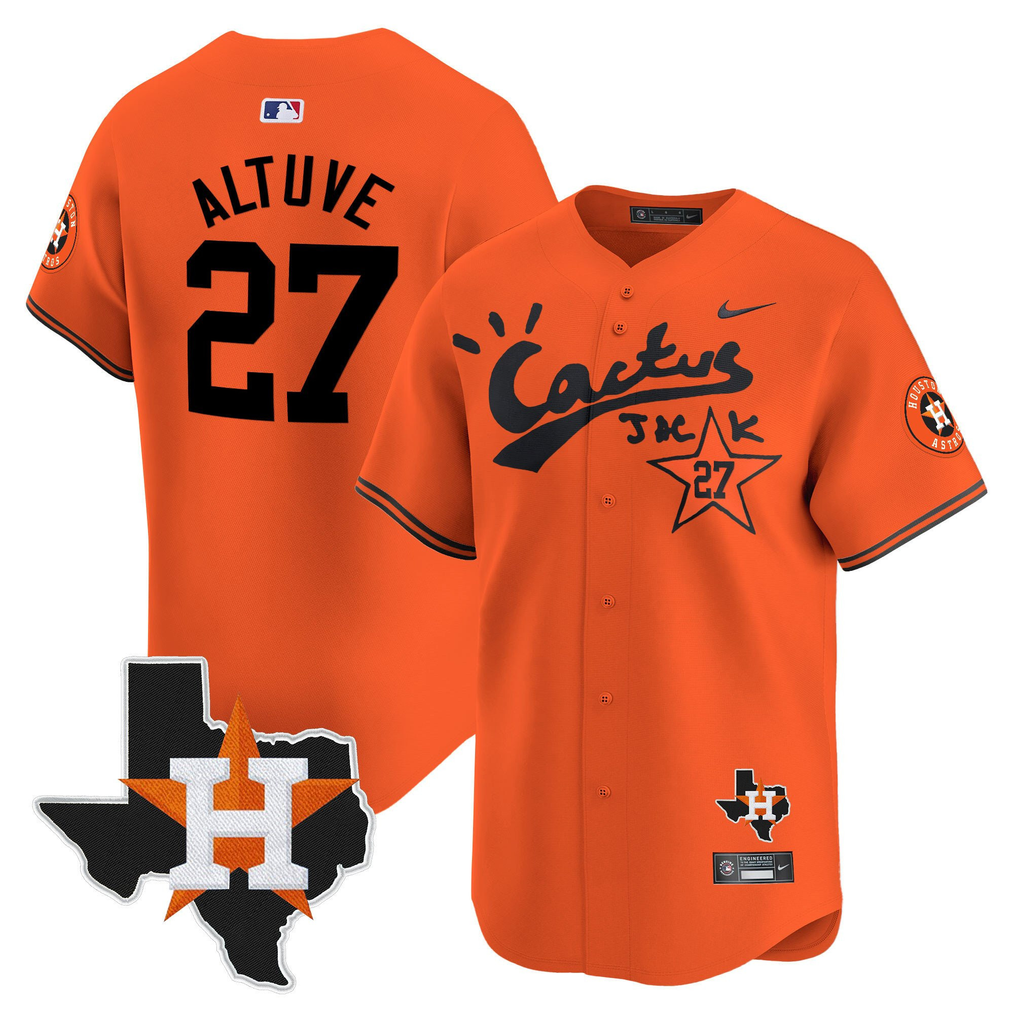 Jose Altuve 27 Houston Astros Cactus Jack Houston Patch Orange Limited Men MLB Jersey Men's