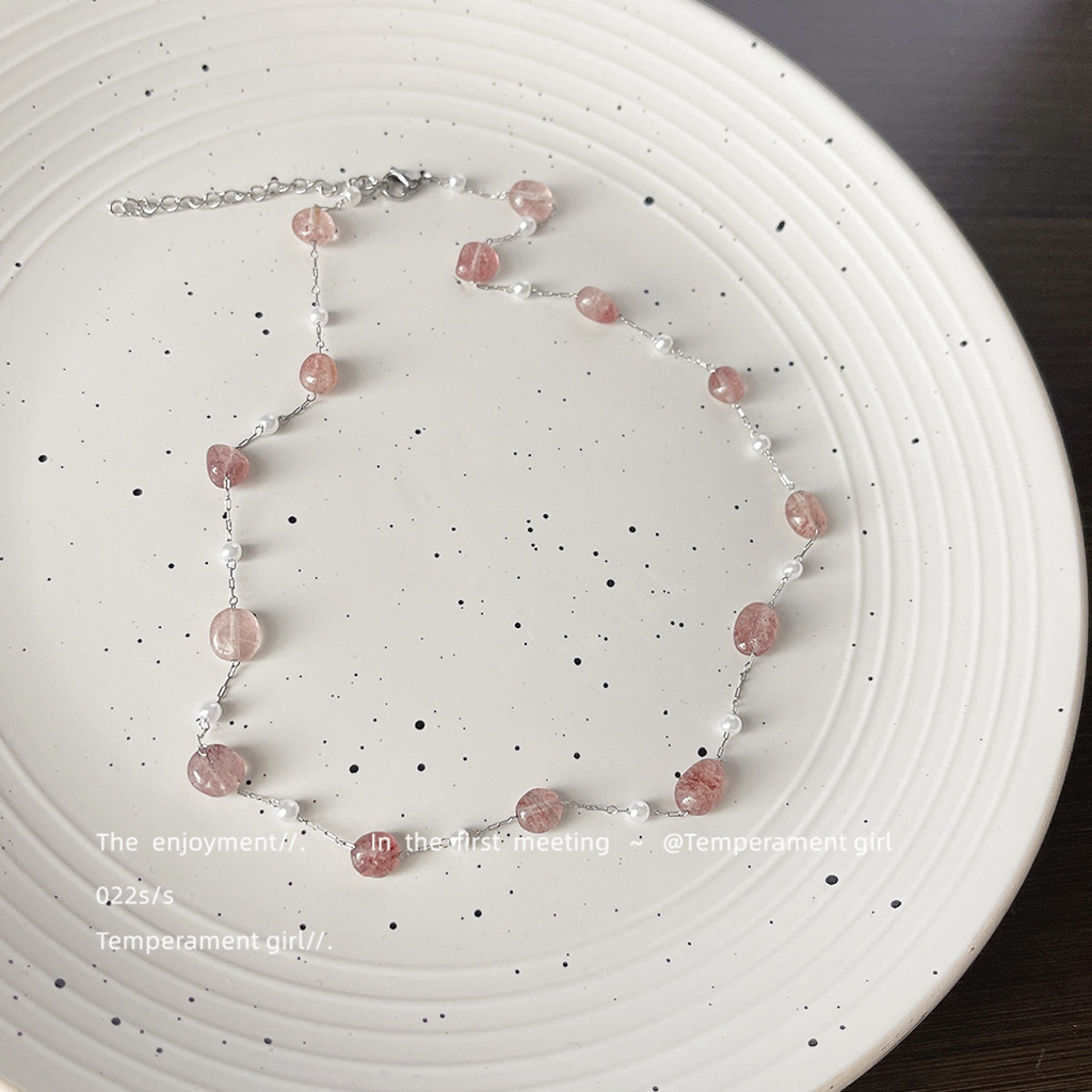 Strawberry crystal ~ stainless steel necklace Japanese and Korean ins trend new clavicle chain