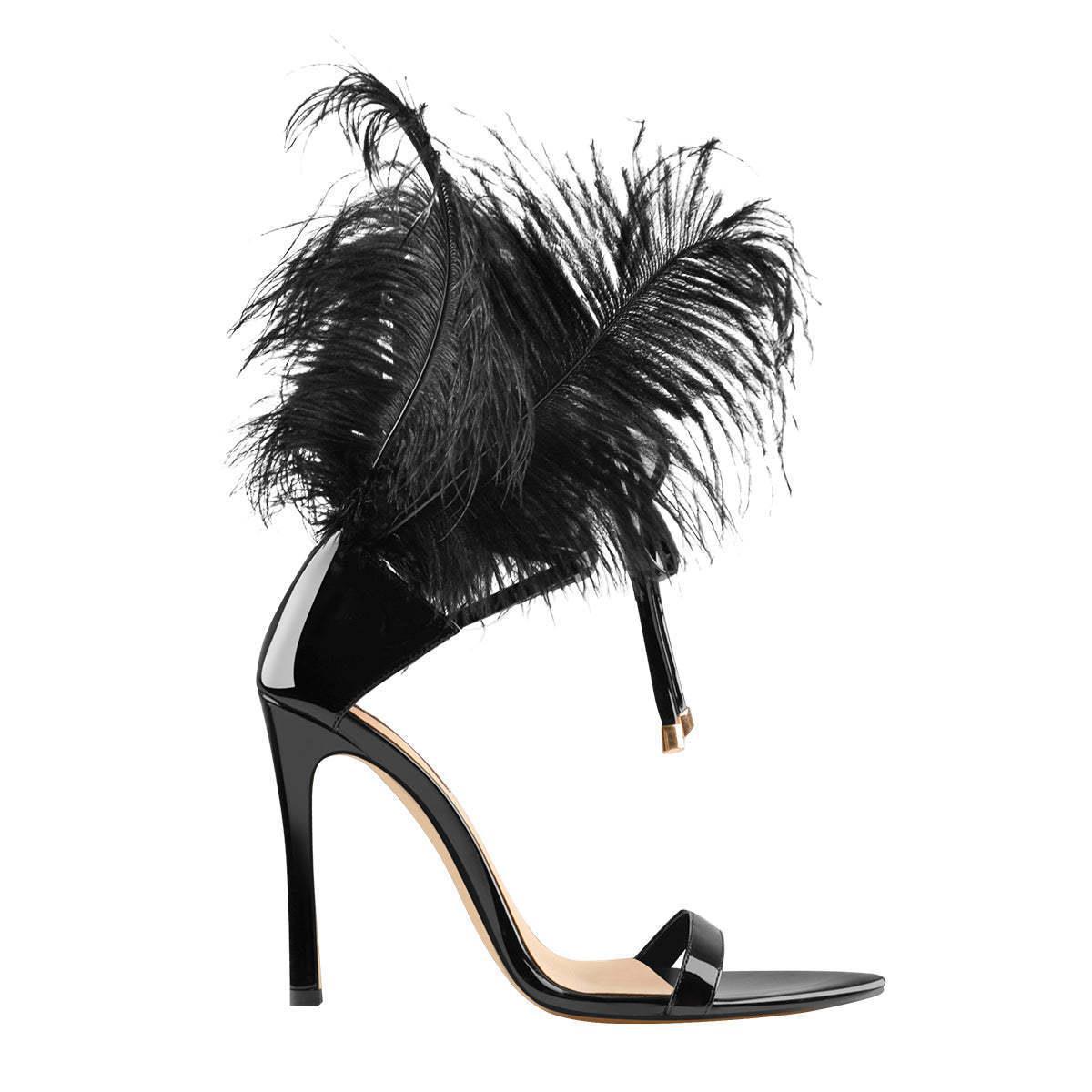 Pointed toe stiletto heel with feather fashion catwalk large size hollow sandals for women