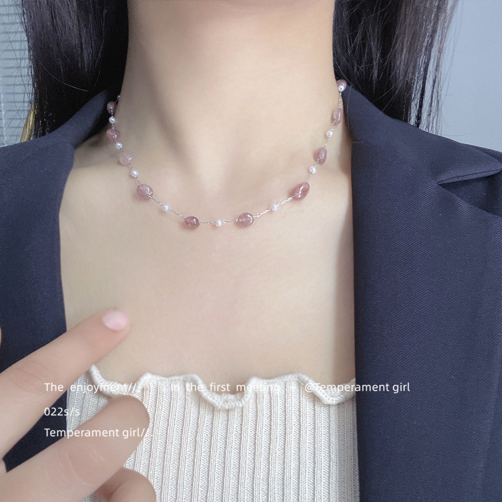 Strawberry crystal ~ stainless steel necklace Japanese and Korean ins trend new clavicle chain